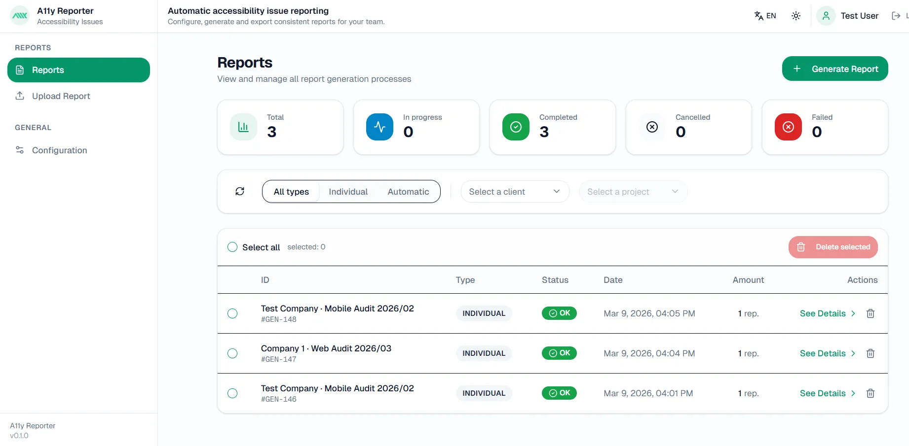 Screenshot of A11y Reporter showing the Reports panel