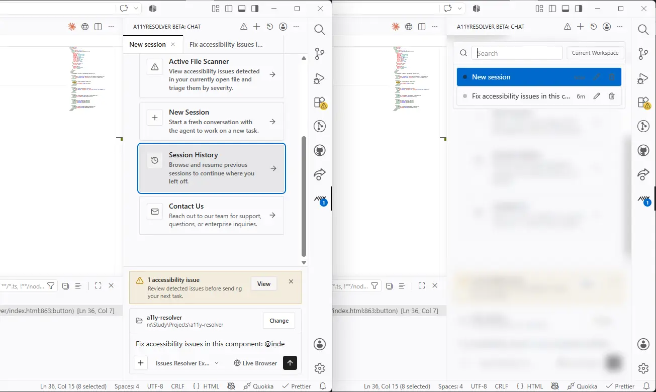 A11yResolver session menu in VS Code showing options to switch context: 'Active File Scanner', 'New Session', 'Session History' (highlighted), and 'Contact Us'; on the right, the Session History panel listing the current 'New session' and the previous 'Fix accessibility issues in this c…' from 6 minutes ago — letting developers resume work without losing the thread.