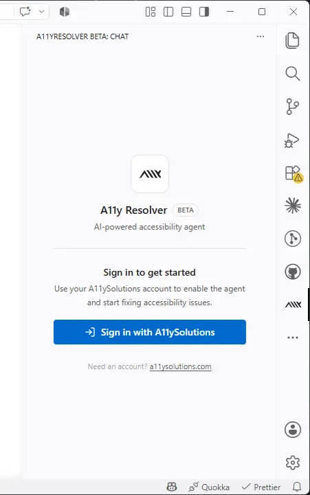 A11yResolver running inside VS Code, showing an AI-suggested accessibility fix on a button component with a WCAG validation badge.